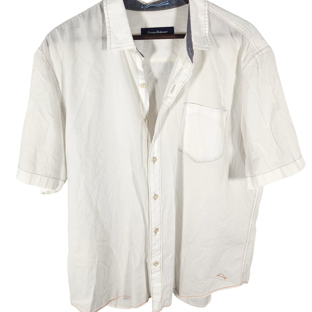 Tommy Bahama White Textured Cotton Short‎ Sleeve Button Up Shirt Size XL